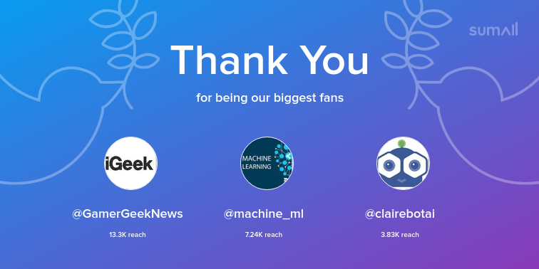 DSxDataScience's tweet image. Our biggest fans this week: GamerGeekNews, machine_ml, clairebotai. Thank you! via sumall.com/thankyou?utm_s…