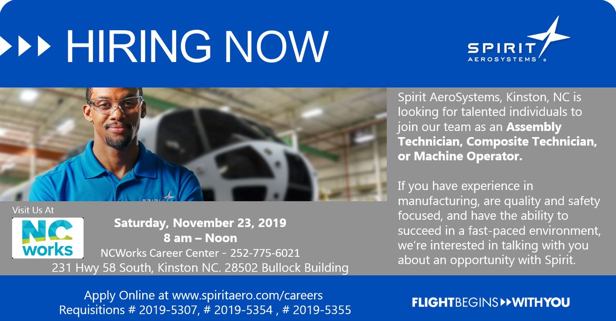 Spirit Kinston is scheduled to host a Job Fair this Saturday, Nov. 23 at the NCWorks Career Center. We are looking for talented individuals to join our team as Assembly Technicians, Composite Technicians or Machine Operators. Learn how to apply here: spiritaero.com/careers/overvi…