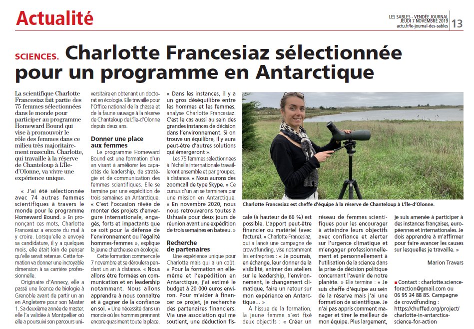 Merci au <a href="/JdSables/">Journal des Sables</a> pour leur article qui me permet de parler de la formation <a href="/HomewardBound16/">Homeward Bound</a> et de l'importance de promouvoir les femmes en sciences et dans les postes de direction. 👩‍🎓👩‍⚕️👩‍💼👩‍🔬 #takeyourplace #teamHB5 #WomenInScience et Merci à l'@oncfs pour leur soutien !