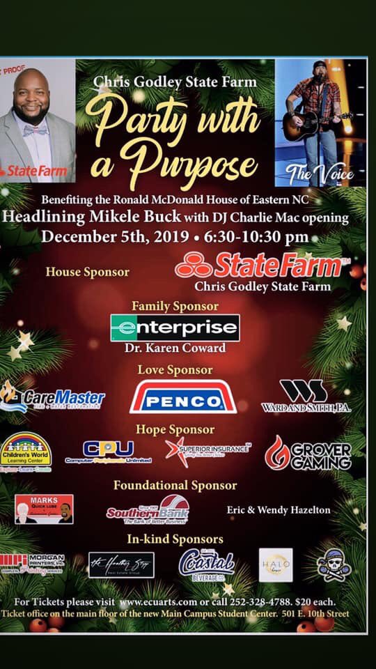 Quick shout out for my friend Chris Godley (<a href="/gentalstorm/">Chris Godley</a>), who is hosting “Party with a #Purpose” at 6:30PM on December 5th. $20 ticket gets you into what will sure be a great event. Proceeds benefit the Ronald McDonald House of ##EasternNC (@RMHENC)! #PittCountyNC #GreenvilleNC