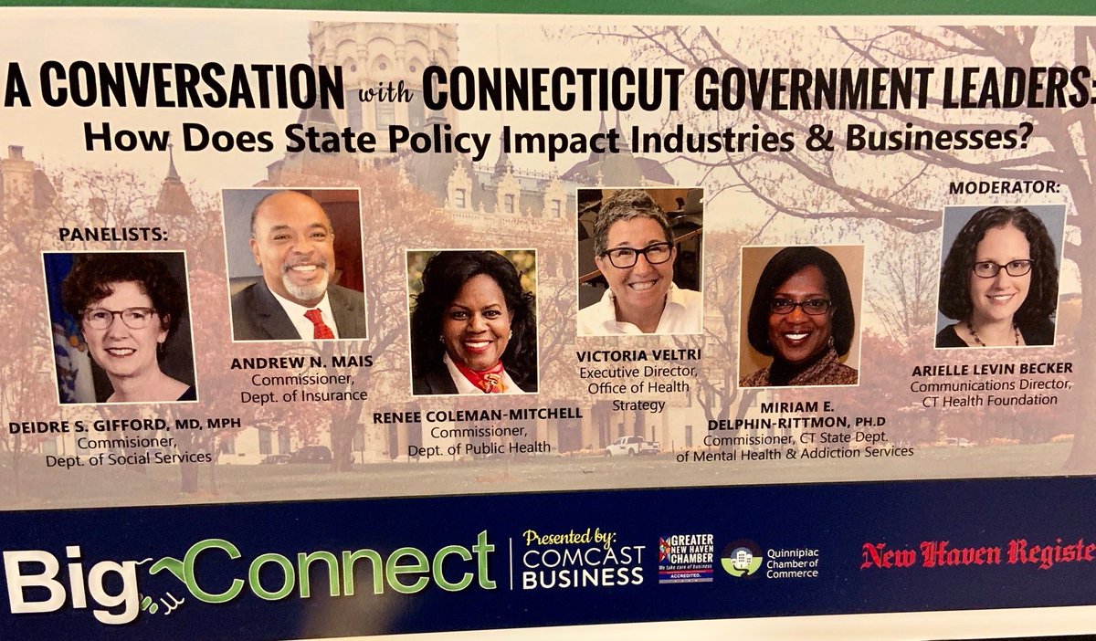 I moderated a panel of 5 state agency leaders yesterday. We talked about health, disparities, costs, and the role of employers. It was part of the  @GNHCC's  #BigConnect event.Since I couldn’t live tweet the discussion, here are some highlights.