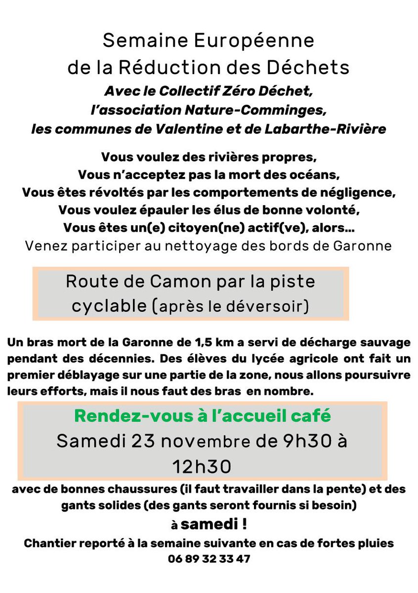 Semaine Européenne de la réduction des déchets 🌎

Retrouvez-nous demain matin pour le nettoyage des bords de Garonne, avec la présence de Gaëlle notre conseillère de tri. 🍂 

#environnement #ZeroDechet #nature 🌳