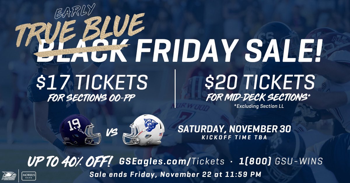 _RyanSpringer's tweet photo. @GSAthletics_FB fans: We want to pack Paulson Stadium in Blue & White and our @GSUAF have launched a True Blue Friday Sale saving you up to 40%. Take advantage of this one day offer by reaching me at 912-478-8516 π¦
π± π« #BeatGeorgiaState #TimetoGATA https://t.co/jZuQgyy6Mj