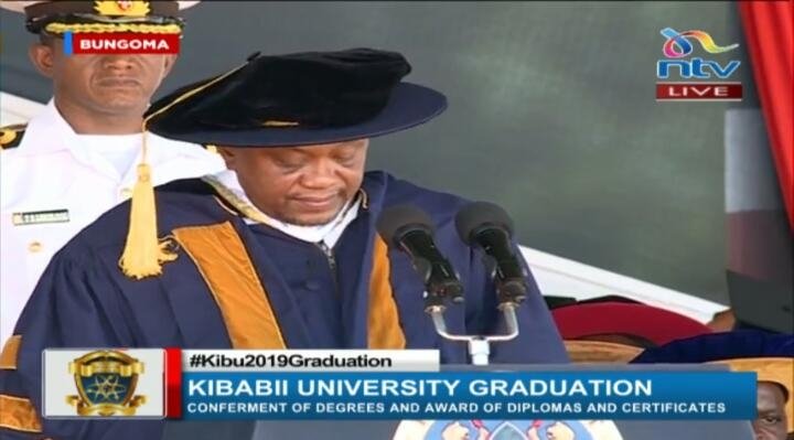 The Chancellor addressing graduands#KibuGraduation2019 #KibabiiUni4thGraduation @ntvkenya @NTVbreakingnews @dailynation @MJMash @KeterSteves @DerrickIngara @1tommuema @KiprutoNorah @pharis_jafred