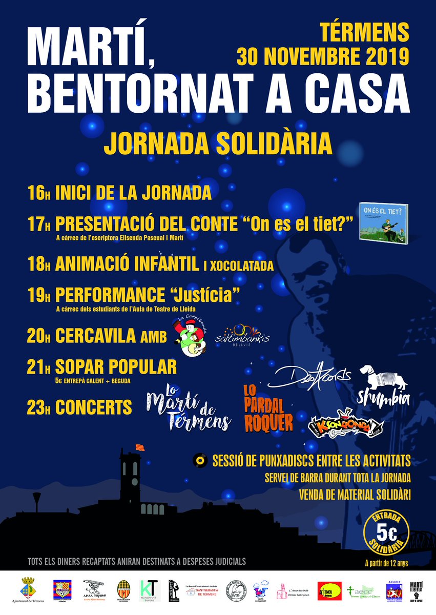 MARTÍ, BENTORNAT A CASA!!!
Ja tenim el cartell definitiu.
El dia 30 de novembre us esperem a Térmens a la jornada solidària.

Durant la jornada també hi haura material i guardioles solidàries per les represaliades.
LA SOLIDARITAT, LA NOSTRA MILLOR ARMA!