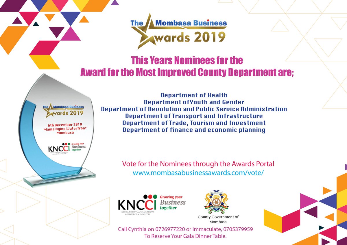 Mbsa Business Awards (@mombasaawards) on Twitter photo Nominees for the Most Improved County Depertment 2019 Award.@HealthMombasa <a href="/TourismMombasa/">Tourism,Culture & Trade</a> <a href="/DevolutionMomb1/">Department of Public Service Adm & YGS</a> <a href="/financemombasa/">Department Of Finance Mombasa County</a> <a href="/MombasaCountyKe/">Mombasa County</a> <a href="/mustafaramadhn/">Mustafa Ramadhan</a> <a href="/KncciMombasa/">KNCCI Mombasa</a> <a href="/HassanAliJoho/">Hassan Ali Joho, EGH.</a> Nominees for the Most Improved County Depertment 2019 Award.@HealthMombasa <a href="/TourismMombasa/">Tourism,Culture & Trade</a> <a href="/DevolutionMomb1/">Department of Public Service Adm & YGS</a> <a href="/financemombasa/">Department Of Finance Mombasa County</a> <a href="/MombasaCountyKe/">Mombasa County</a> <a href="/mustafaramadhn/">Mustafa Ramadhan</a> <a href="/KncciMombasa/">KNCCI Mombasa</a> <a href="/HassanAliJoho/">Hassan Ali Joho, EGH.</a>