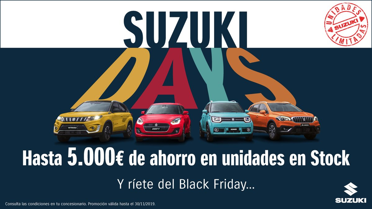 SuzukiIberica's tweet photo. ¡Alarma! 🚨Comienzan los #SuzukiDays
- Hasta 5.000 € de ahorro 😱
- Unidades limitadas 🚙🚘🚗 
¿En serio vas a esperar al #BlackFriday?
#Suzuki https://t.co/3wNi3AD3HJ