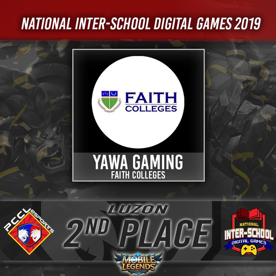 PCCLeSports's tweet photo. Congrats to Yawa Gaming of FAITH Colleges: First Asia Institute of Technology and Humanities for taking 2nd Place in Luzon Region of PCCL Esports National Inter-School Digital Games 2019!

Catch them play again in the Grand Finals: Tournament of Champions starting on Dec 10, 2019 https://t.co/n0JUldeY3c