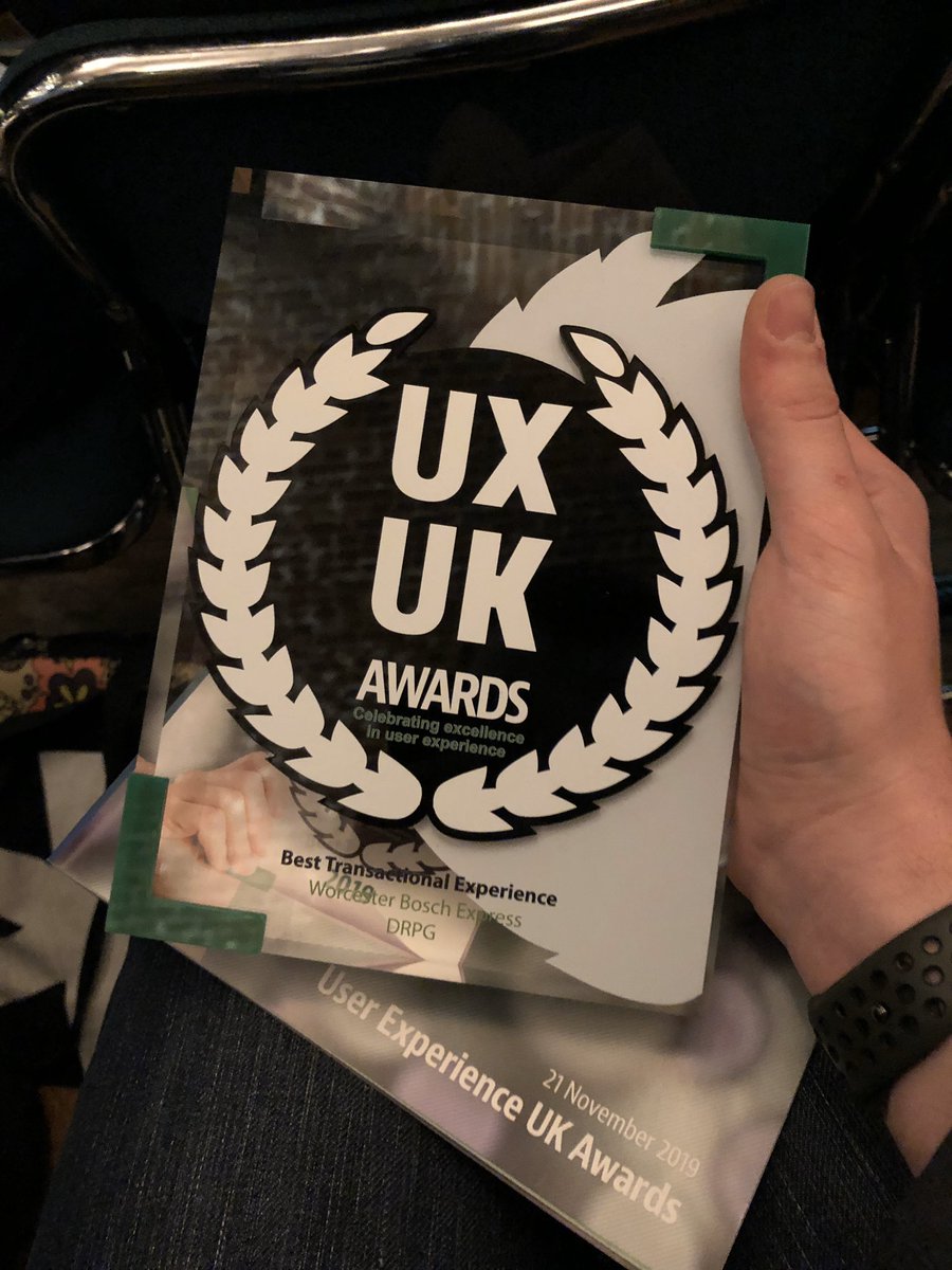 Congratulations to the <a href="/drpgroup/">DRPG</a> Digital UX team for scooping an <a href="/UXUKAwards/">UX UK Awards</a> award last night and a very proud Ian, Elisha and Jamie there to collect it! 🥳🥇🎉