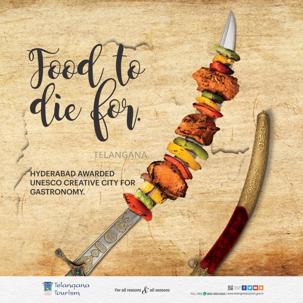 The #UNESCO recognition for Hyderabad as a #CreativeGastronomyCity is a tribute to the city’s culinary heritage and culture.
#TelanganaTourism #CulinaryHeritage #GastronomyCity #RichCuisine #UNESCORecognition #HyderabadiCuisine #HyderabadiBiryani #NawabiCity #UniqueCuisines