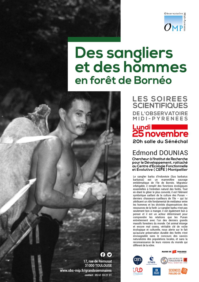 UT3PaulSabatier's tweet image. Grand séminaire et soirée scientifique @ObsMip 
🗓️ 25 et 26 novembre
🎤 Edmond Dounias @ird_fr #CEFE @CNRS @umontpellier 
➡️ Des sangliers et des Hommes en forêt de Borneo
➡️ Les Orang Rimba de Sumatra