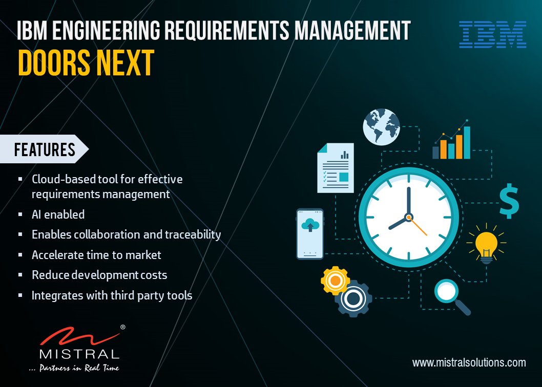 MistralSoln's tweet photo. IBM Engineering Requirements Management #DOORSNext provides an ideal environment for defining and managing the requirements for complex, #embeddedsystems such as those used in #aerospace, #defense, #medical and consumer electronics. Lear more. https://t.co/J5oM9eXcMN https://t.co/aZrwcsv35B