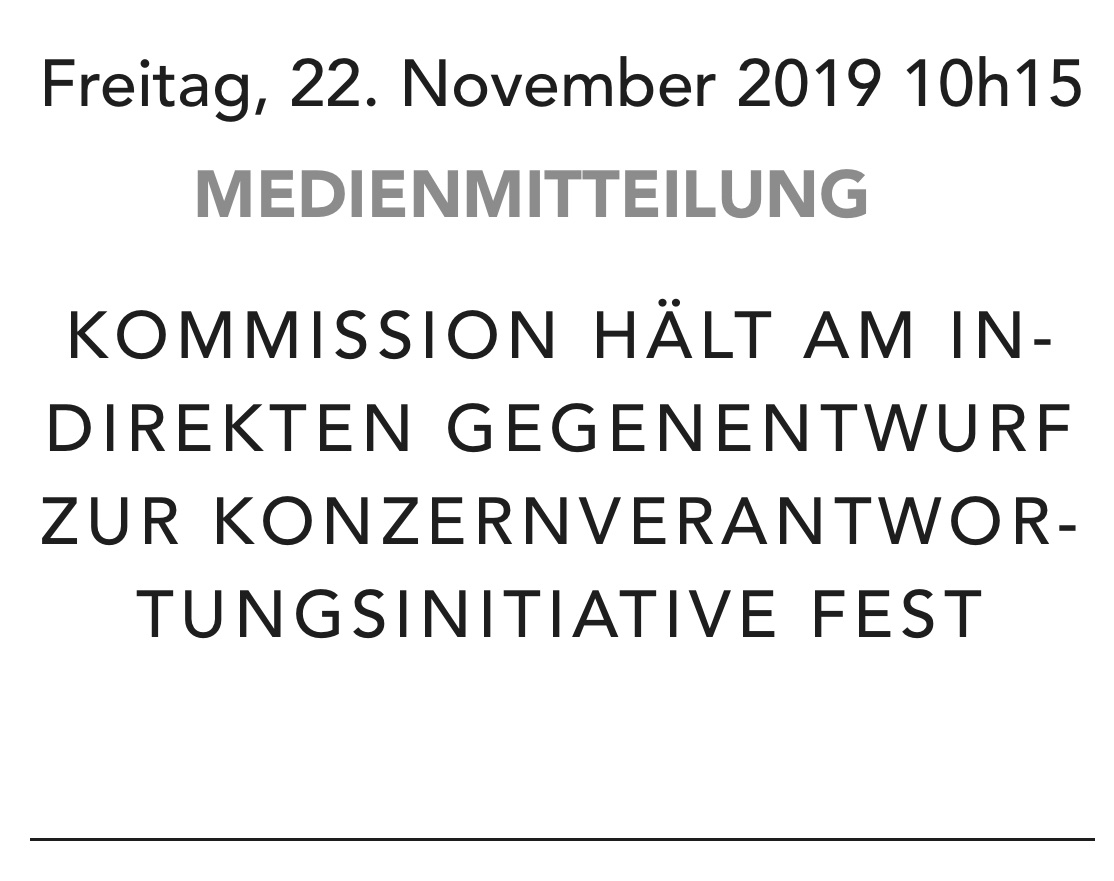 Die Rechtskommission des Ständerats hält (knapp) am indirekten Gegenvorschlag zur #KOVI fest. Bravo! Wir können das Projekt  jetzt durchziehen und eine gute Lösung finden. Für eine #verantwortungsvolleErfolgreicheWirtschaft parlament.ch/press-releases…