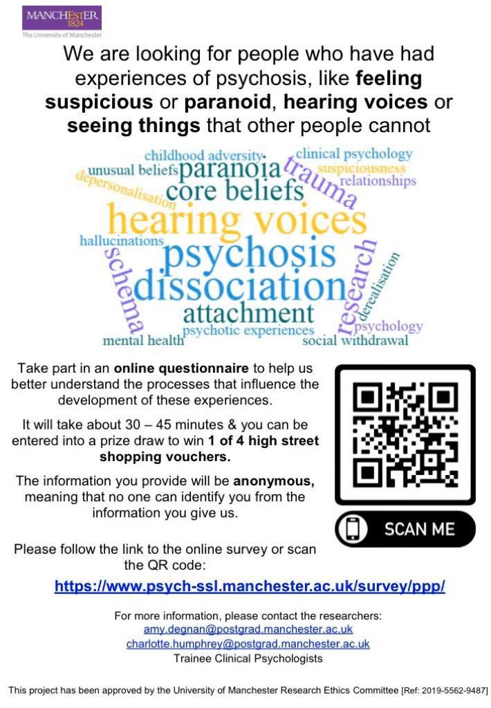 Psychological Processes in Psychosis study (@ppp_tads) on Twitter photo Its our final month of recruitment - please help us by retweeting/ taking part in our <a href="/uom_clinpsy/">UoM ClinPsy</a> online study 💻
Thank you s much to everyone who has supported us and taken part so far ⭐️
Take part here:
psych-ssl.manchester.ac.uk/survey/ppp/ Its our final month of recruitment - please help us by retweeting/ taking part in our <a href="/uom_clinpsy/">UoM ClinPsy</a> online study 💻
Thank you s much to everyone who has supported us and taken part so far ⭐️
Take part here:
psych-ssl.manchester.ac.uk/survey/ppp/