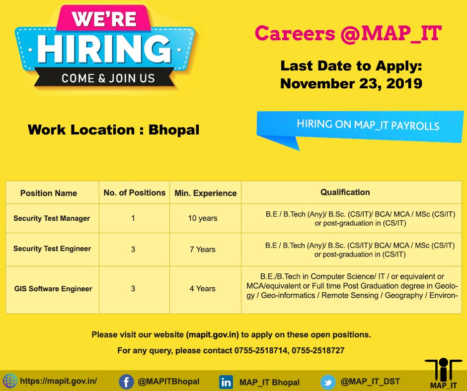 MPSeDC_DST's tweet image. We are hiring on MAP_IT payrolls!
Submit applications for #securitytestmanager, #securitytestengineer and #gissoftwareengineer!
Visit our #website, Go to #Careers Section and click on #Vacancy
Last Date to Apply: November 23, 2019
Job Link: lnkd.in/fnu4R7u