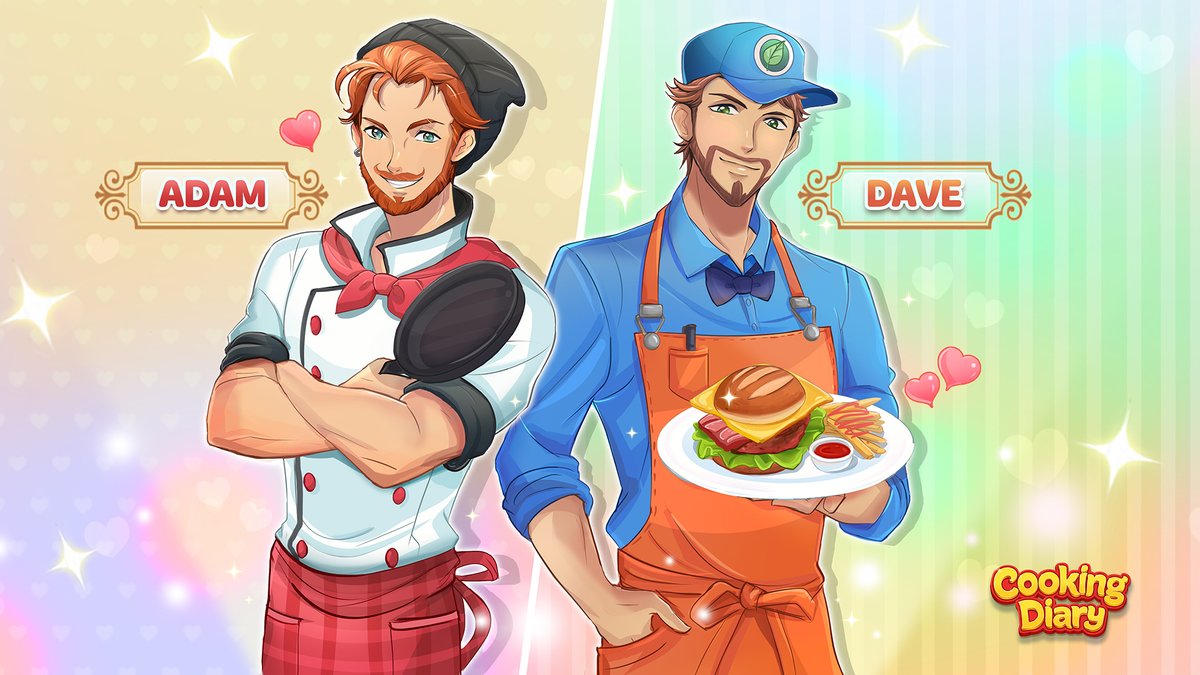 cookingdiary's tweet photo. Who are these handsome guys? ✨📢 They are our very own Dave and Adam! Choose one of them to become your kitchen assistant! Let's vote! 😍

#cookingdiary #mobilegame #tastyhills #time #management #game https://t.co/RHUjuVRzti