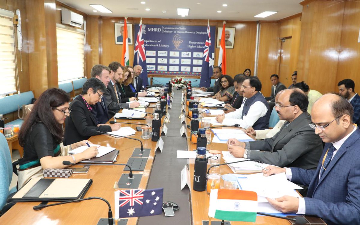 EduMinOfIndia's tweet photo. Hon’ble Union Minister of HRD, Shri @DrRPNishank Ji had a fruitful discussion with the Minister for #Education – Australia, Shri @DanTehanWannon, and his delegation today on enhancing mutual cooperation between the 2 countries in the education sector. https://t.co/kIHhPDhSLw