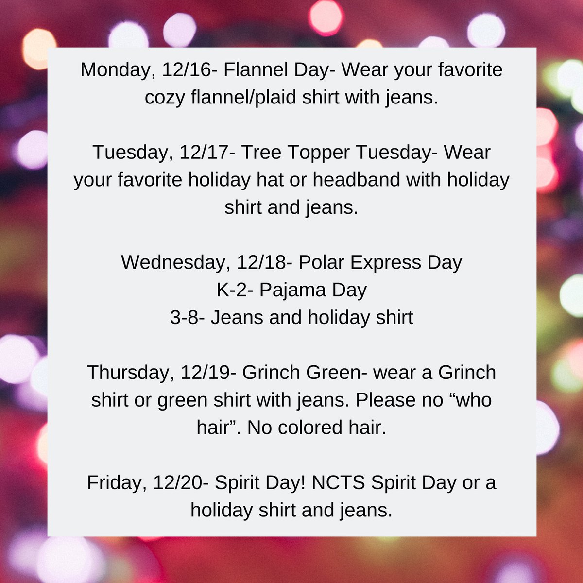 Save the date! Holiday Spirit Week is coming December 16-20!