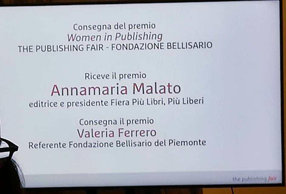 GruppoMeta's tweet photo. #ThePublishingFair Torino: @AnnamariaMalato presidente @piulibri19 riceve il premio #WomaninPublishing.
Complimenti e in bocca al lupo per #piulibri19.
#FondazioneMarisaBellisario https://t.co/mTMTmVtlNi