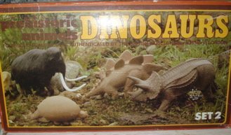 The second NHM authenticated dinosaur set only actually contained two dinosaur toys- Triceratops and Stegosaurus, but two other prehistoric beasties: Glyptodon and a Mammoth. This set came out in 1975. I've never seen an original box of these guys either