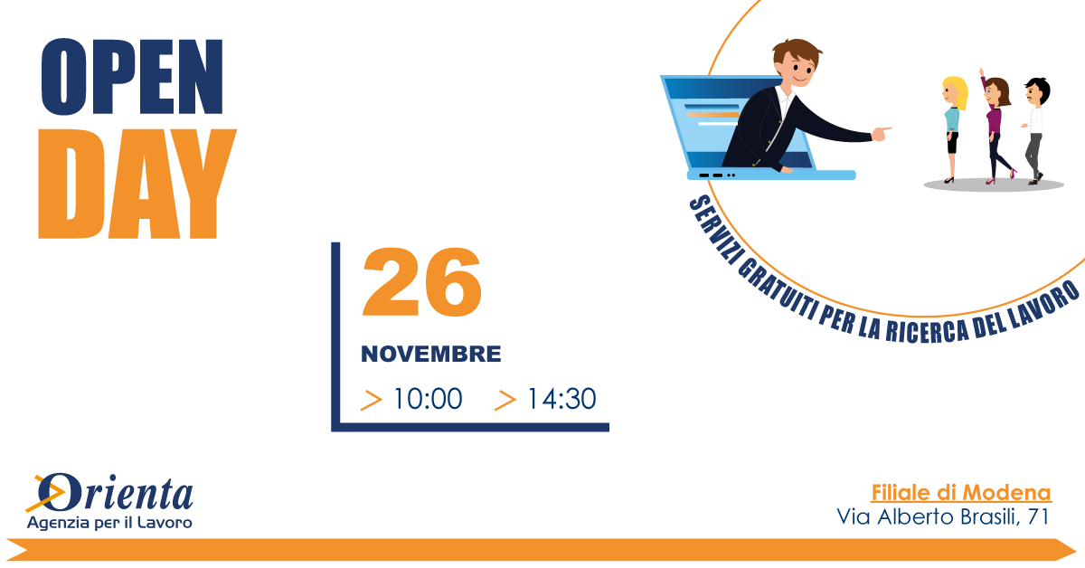 Orienta SpA (@orientaspa) on Twitter photo Orienta ti invita all'OPEN DAY "Servizi gratuiti per la ricerca del lavoro".
🗓 26 Novembre
🗺 Filiale di Modena, Via Alberto Brasili, 71
⏰10:00 ⏰14:30
Ecco i requisiti per partecipare:
✅ Essere disoccupati
✅ Essere residenti o domiciliati in Regione Emilia Romagna Orienta ti invita all'OPEN DAY "Servizi gratuiti per la ricerca del lavoro".
🗓 26 Novembre
🗺 Filiale di Modena, Via Alberto Brasili, 71
⏰10:00 ⏰14:30
Ecco i requisiti per partecipare:
✅ Essere disoccupati
✅ Essere residenti o domiciliati in Regione Emilia Romagna