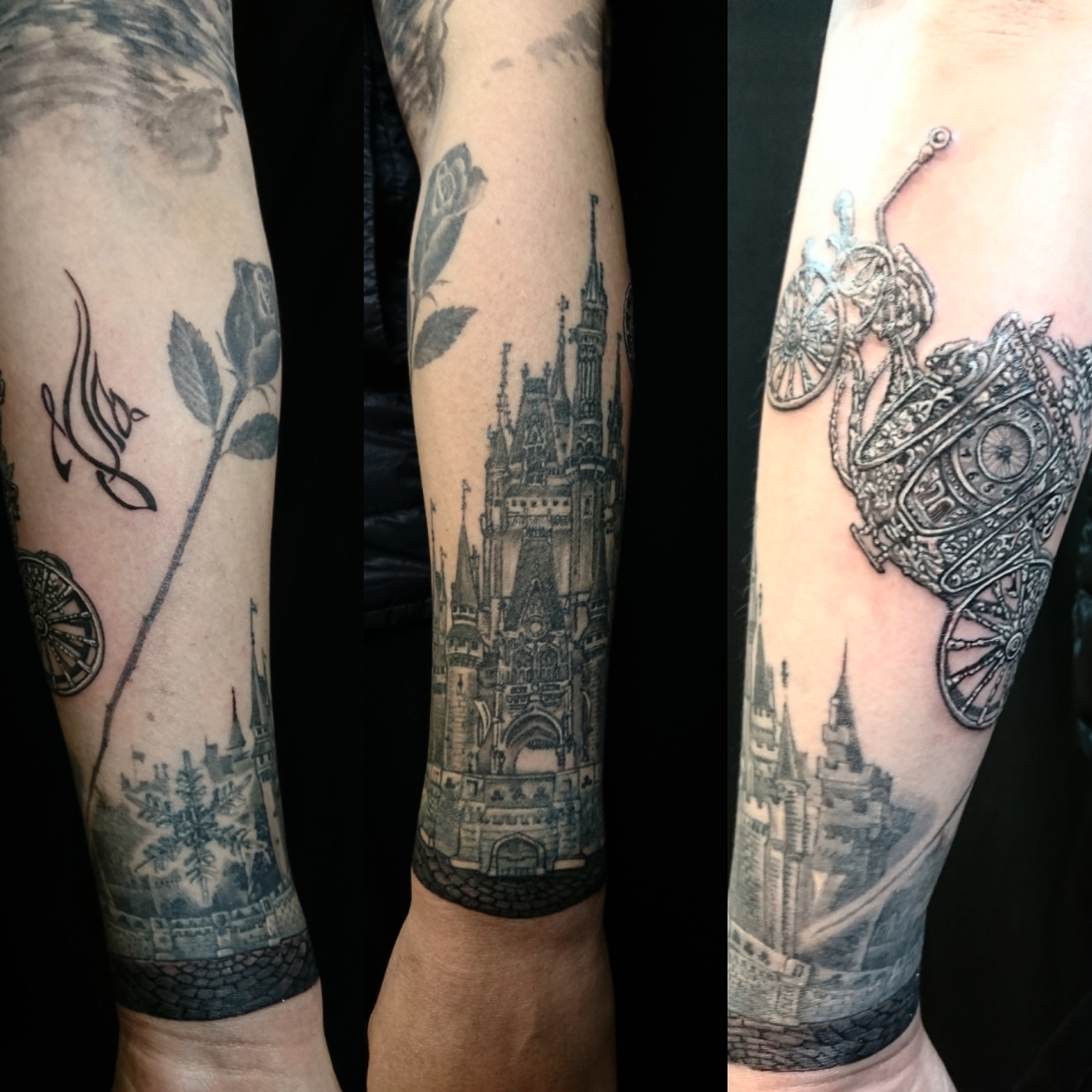 彫季代 Horikiyo 手首を少し延長 カボチャの馬車とランプも完成 彼女のお祖父様はシンデレラ城等ランドの至るところの装飾彫刻を手掛けた方なのです なので これは彼女にとってのルーツ タトゥーなのです とても素敵です Tattoo ディズニー