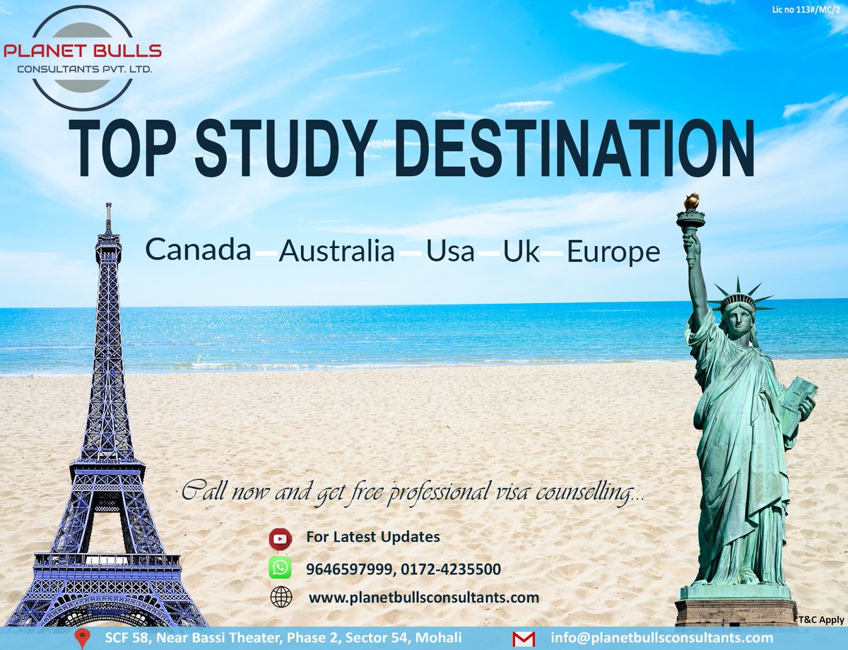 If your dream is to study in #Canada, #Australia, #USA, #UK, #Europe and you’re confused about the pathway that would suit your profile the best, it’s time to visit Planet Bulls Consultants.
To know more, 
Call 9646597999
#USAstudyvisa
#Germanystudyvisa
#Polandstudyvisa
#Italy