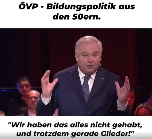 Stefahhn's tweet photo. Bildungspolitik aus den 50ern. "Wir haben das alles nicht gehabt und trotzdem gerade Glieder!" #landtagswahl #neos  #oevp #Gruene #Politik https://t.co/JuRHx0pKnP