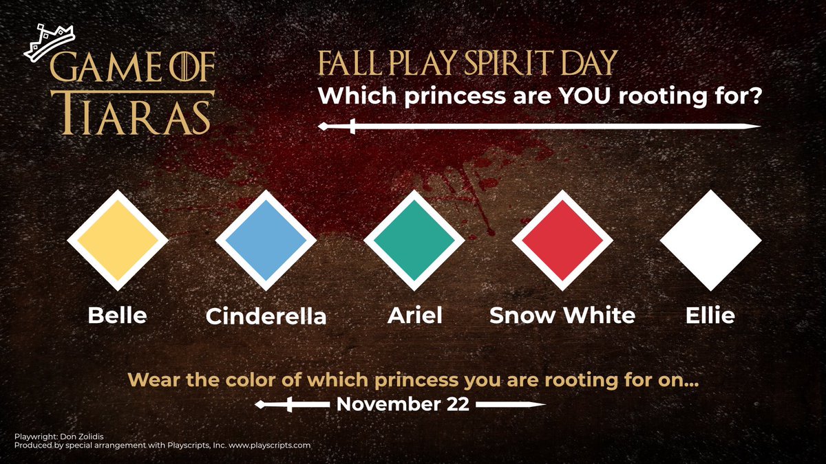 TJFallPlay1's tweet photo. don’t forget, today’s the day! wear the color of the princess you are cheering for! https://t.co/yZ184SBBYC