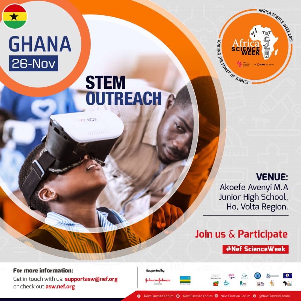 aswghana's tweet photo. On Tuesday 26 November, the Africa Science Week train will move to Ho, Volta Region, where our partners @Honodehub will lead a STEM Outreach, focused on #VR, to Akoefe Avennyi MA Junior High School!
#NEFScienceWeek #ASWGhana #VRinVR https://t.co/YN6wOl0oCr