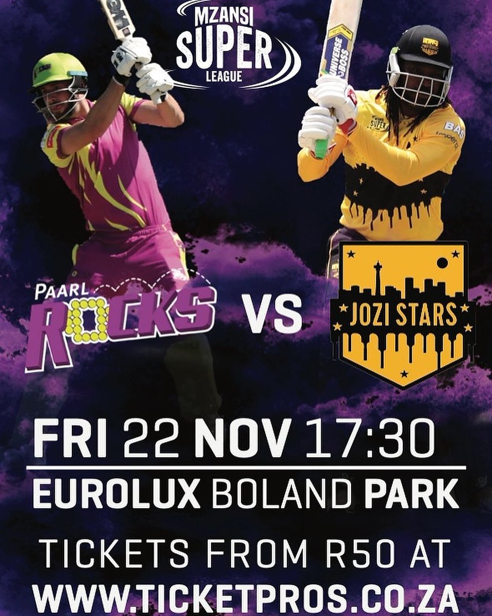 Our team <a href="/paarlrocks/">Alexanderjackson</a> playing against Jozi Stars today Fri, 22 Nov 2019 @ 17:30. Let's support #ourTeam. #purpleArmy