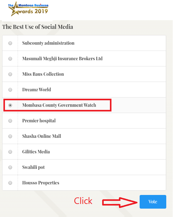 Dear Mombasa residents,
PLEASE Vote for us in MOMBASA BUSINESS AWARDS 2019 competition , Under THE BEST USE OF SOCIAL MEDIA category.
You can vote after every hour , share with friends. GO HERE TO VOTE 👇👇
mombasabusinessawards.com/vote/