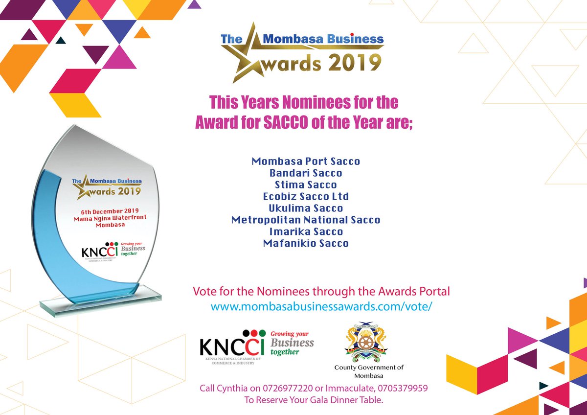 Mbsa Business Awards (@mombasaawards) on Twitter photo Nominees for the Sacco of the Year 2019 Award. <a href="/stimasacco/">STIMA SACCO</a> <a href="/BandariSACCO/">Bandari Sacco Ltd</a> <a href="/ecobizsaccoltd/">Ecobiz Sacco</a> <a href="/MetroSaccoKE/">Metropolitan National Sacco Ltd</a> <a href="/ImarikaSacco/">Imarika DT Sacco</a> <a href="/mustafaramadhn/">Mustafa Ramadhan</a> <a href="/SASRA_ke/">The SACCO Regulator</a> <a href="/KncciMombasa/">KNCCI Mombasa</a> Nominees for the Sacco of the Year 2019 Award. <a href="/stimasacco/">STIMA SACCO</a> <a href="/BandariSACCO/">Bandari Sacco Ltd</a> <a href="/ecobizsaccoltd/">Ecobiz Sacco</a> <a href="/MetroSaccoKE/">Metropolitan National Sacco Ltd</a> <a href="/ImarikaSacco/">Imarika DT Sacco</a> <a href="/mustafaramadhn/">Mustafa Ramadhan</a> <a href="/SASRA_ke/">The SACCO Regulator</a> <a href="/KncciMombasa/">KNCCI Mombasa</a>