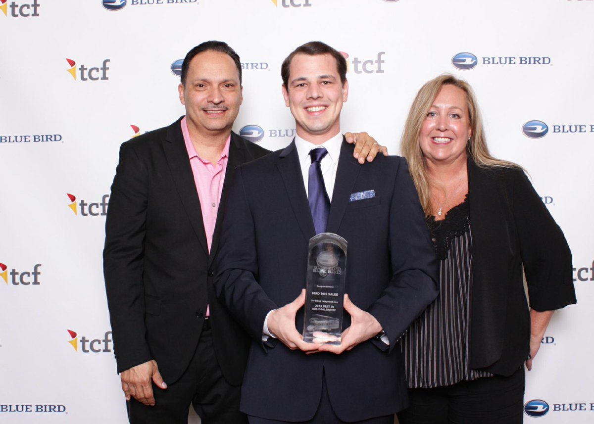BirdBusSales's tweet photo. Ivan, Robert Matthew & Heidi Jemal proudly accept Blue Bird’s 2019 Best Dealer Award. Blue Bird recognizes the great accomplishments of Bird Bus through their sales, service and parts departments.#Awards #best #birdbus https://t.co/L5GfsjYO5g