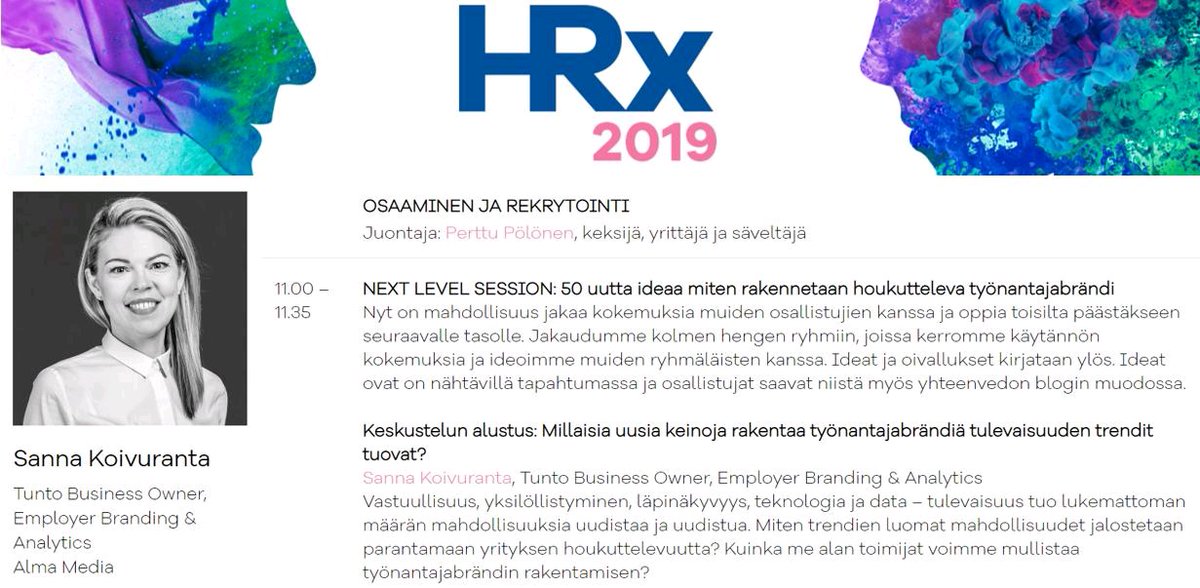 katrilaak's tweet photo. Ensi viikon tiistaina #HRxhki! Jos olet tulossa paikalle, suosittelen tapahtuman uutta sisältökonseptia Next level sessionia.✨ Klo 11 miniworkshop lupaa 50 uutta ideaa #työnantajabrändi'iin. Nähdään siellä!👋🏻 #työelämä #HRsome #työnantajamielikuva https://t.co/X0DaILAl9j
