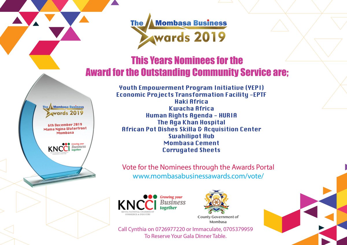 Mbsa Business Awards (@mombasaawards) on Twitter photo Nominees for the Outstanding Community Service 2019 Award.@CorrugatedGroup <a href="/MombasaCement/">Mombasa Cement</a> <a href="/HakiAfrica/">HAKI Africa</a> <a href="/Huria_KE/">Human Rights Agenda</a> <a href="/YepiYouth/">YEPI Community</a> <a href="/AKF_EA/">AgaKhanFoundation EA</a> <a href="/swahilipothub/">Swahilipot Hub</a> <a href="/mustafaramadhn/">Mustafa Ramadhan</a> <a href="/KncciMombasa/">KNCCI Mombasa</a> <a href="/MombasaCountyKe/">Mombasa County</a> Nominees for the Outstanding Community Service 2019 Award.@CorrugatedGroup <a href="/MombasaCement/">Mombasa Cement</a> <a href="/HakiAfrica/">HAKI Africa</a> <a href="/Huria_KE/">Human Rights Agenda</a> <a href="/YepiYouth/">YEPI Community</a> <a href="/AKF_EA/">AgaKhanFoundation EA</a> <a href="/swahilipothub/">Swahilipot Hub</a> <a href="/mustafaramadhn/">Mustafa Ramadhan</a> <a href="/KncciMombasa/">KNCCI Mombasa</a> <a href="/MombasaCountyKe/">Mombasa County</a>