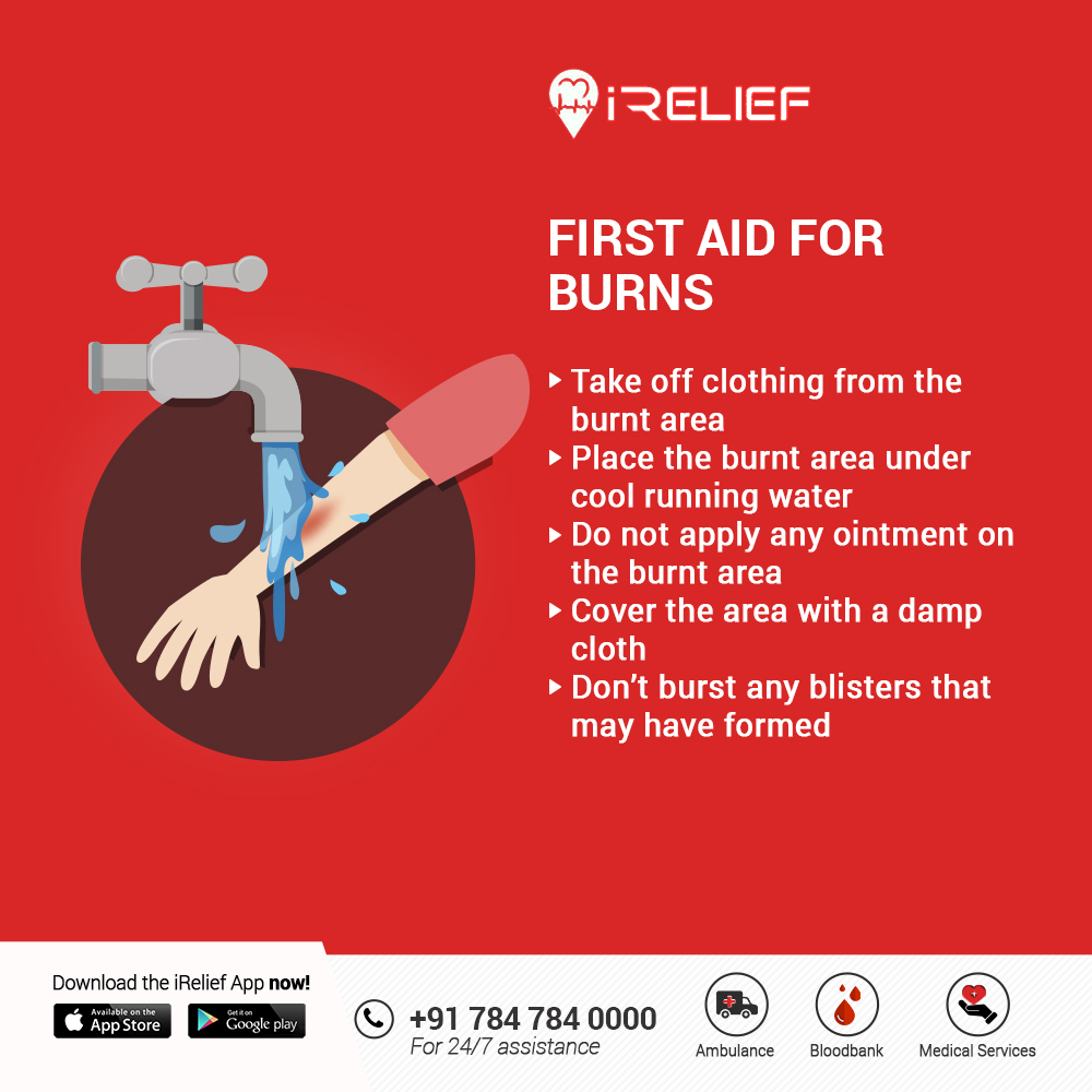 iReliefServices's tweet image. Good first-aid knowledge can help us in emergencies without panicking. Here are a few tips for burns, which will ease the pain until #medicalhelp arrives. Download the #iRelief app and be sure to get help in just a few minutes.

#FirstAidKnowledge #Burns #EmergencyServices