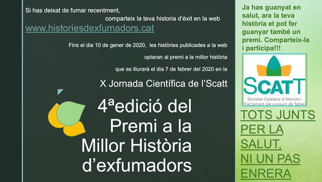 Si vas deixar de fumar... comparteix la teva història d'èxit a historiadexfumadors.cat. 
Tens fins al dia 1⃣0⃣-0⃣1⃣-2⃣0⃣2⃣0⃣.
Les històries publicades optaran a premi!