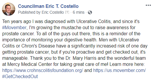 Ten years ago I was diagnosed with Ulcerative Colitis, and since it's #Movember, I'm growing the mustache out to raise awareness for prostate cancer. To all the guys out there, this is a reminder! Learn more here: crohnscolitisfoundation.org & us.movember.com #GetCheckedOut