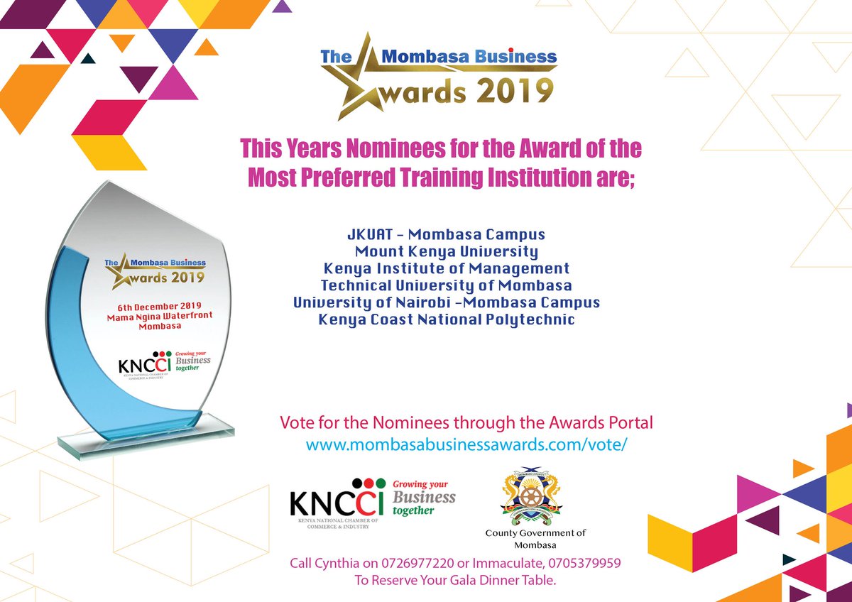 Mbsa Business Awards (@mombasaawards) on Twitter photo Nominees for the Most Preferred Training Institution 2019 Award. <a href="/jkuatMsa/">JKUAT Mombasa Campus</a> <a href="/uonmsa/">Mombasa Campus</a> <a href="/of_mombasa/">TECHNICAL UNIVERSITY OF MOMBASA</a> <a href="/MountKenyaUni/">MountKenyaUniversity</a> <a href="/KncciMombasa/">KNCCI Mombasa</a> <a href="/mustafaramadhn/">Mustafa Ramadhan</a> <a href="/MombasaCountyKe/">Mombasa County</a> <a href="/Elimu_MsaCounty/">Department of Education & Vocational Training</a> Nominees for the Most Preferred Training Institution 2019 Award. <a href="/jkuatMsa/">JKUAT Mombasa Campus</a> <a href="/uonmsa/">Mombasa Campus</a> <a href="/of_mombasa/">TECHNICAL UNIVERSITY OF MOMBASA</a> <a href="/MountKenyaUni/">MountKenyaUniversity</a> <a href="/KncciMombasa/">KNCCI Mombasa</a> <a href="/mustafaramadhn/">Mustafa Ramadhan</a> <a href="/MombasaCountyKe/">Mombasa County</a> <a href="/Elimu_MsaCounty/">Department of Education & Vocational Training</a>
