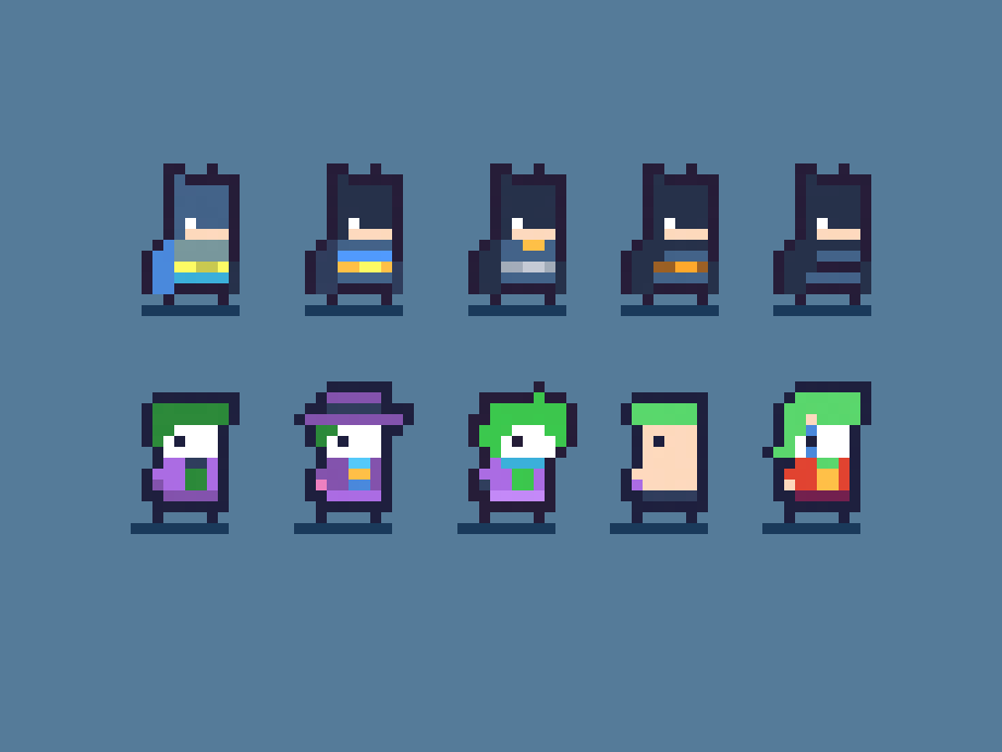 ChrisKSeidel's tweet photo. And here's a combination of all my #batman and #joker character designs. Should I do more @DCComics character like designs?
#arcade #pixelart #retro #gamedev #characterdesign https://t.co/hmGwPe8p3r