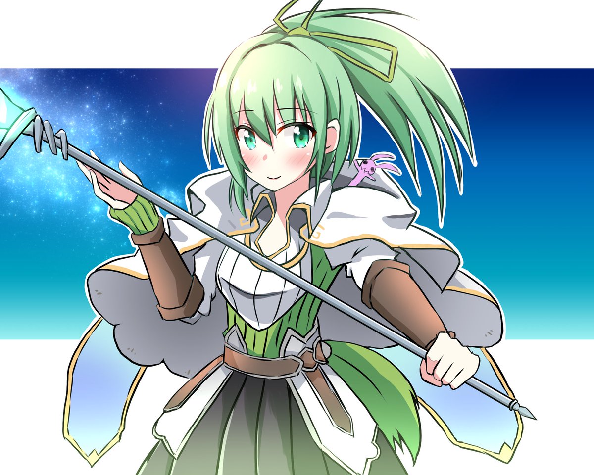 1girl green hair duel monster ponytail green eyes staff long hair  illustration images