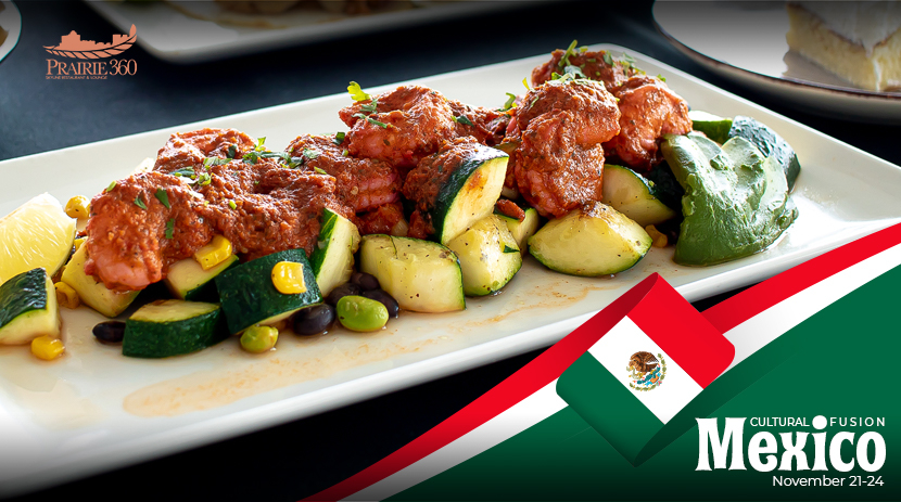 Our cultural fusion this month is hot 🌶🌶🔥 Try the  Shrimp Diablo! It's delicious grilled shrimp and picante sauce over a bed of zucchini, corn and beans. Served with avocado, lime and cilantro. Learn more here bit.ly/3431Juq_mexico…