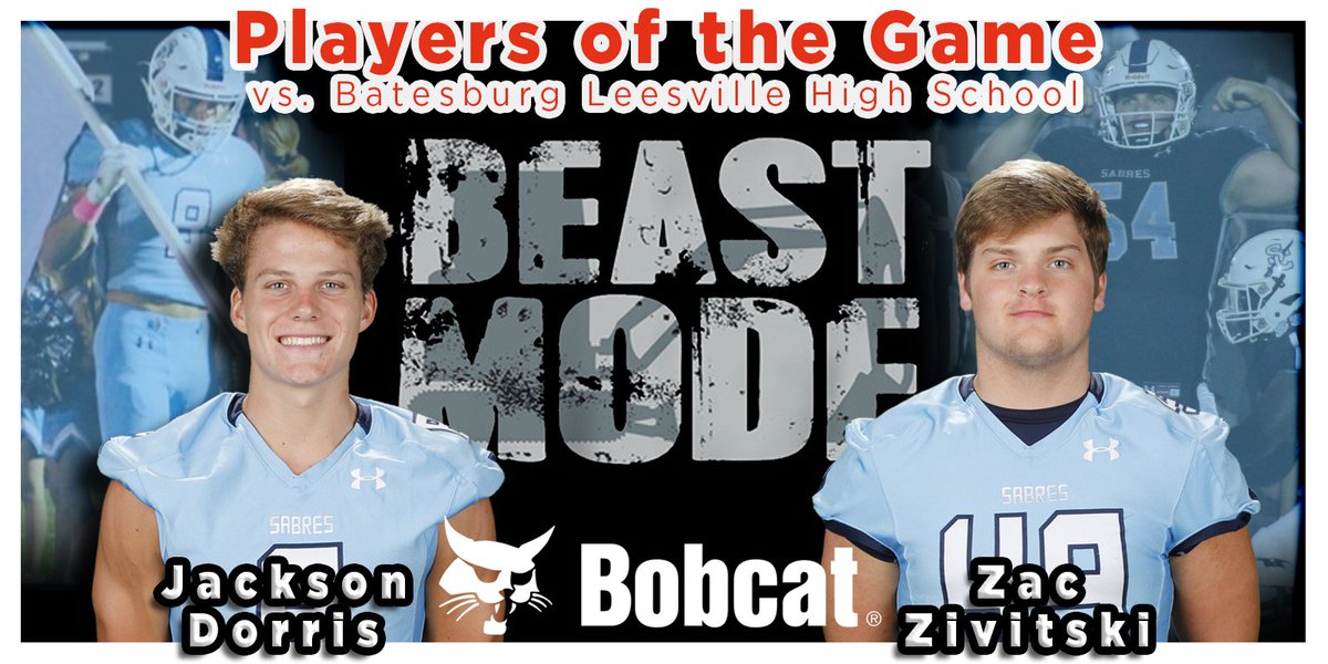 Last game's Bobcat "One Tough Animal" Players of the Game are Sr. LB Jackson Dorris &amp; Jr. DE Zac Zivitski. 
#SwordsUp

Acme Ops &amp; Bobcat of Greenville are proud supporters of Sabre Athletics.

Acme Ops
877-654-3143
acmeops.com