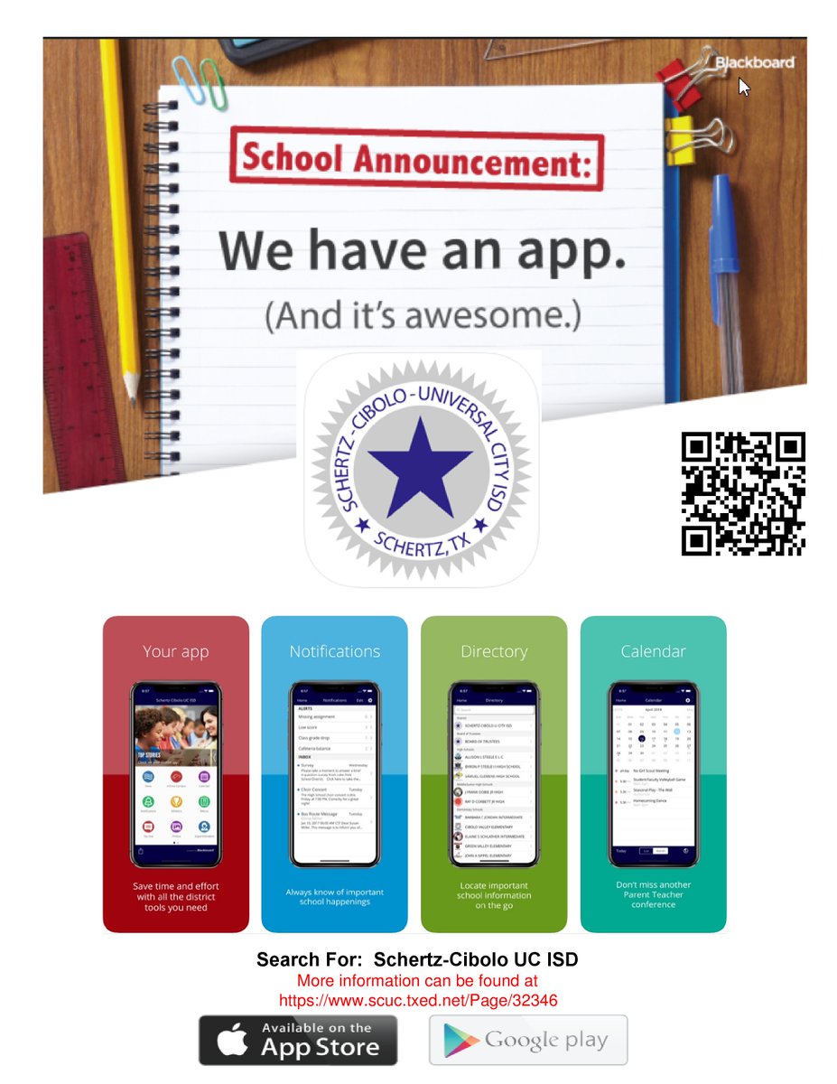 The SCUC ISD mobile app is here! Search for Schertz-Cibolo UC ISD on the Apple App Store or Google Play.

For information on the app: bit.ly/2r9IeBF

More information on the SCUC ISD website: scuc.txed.net/Page/32346