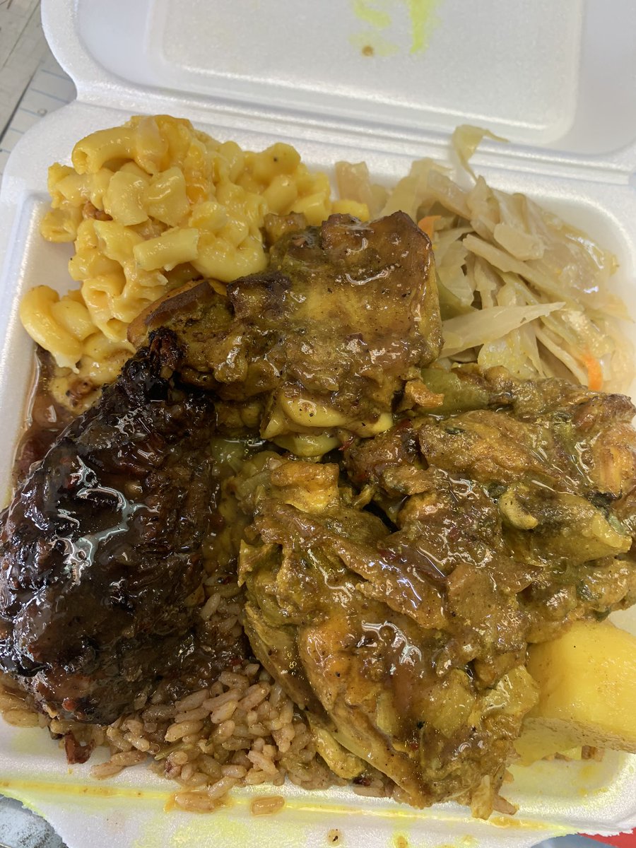 Nook2x's tweet image. Happy Time, Portsmouth Va. 

Jerk chicken 
Curry chicken 
Rice and peas
Macaroni and cheese 
Cabbage