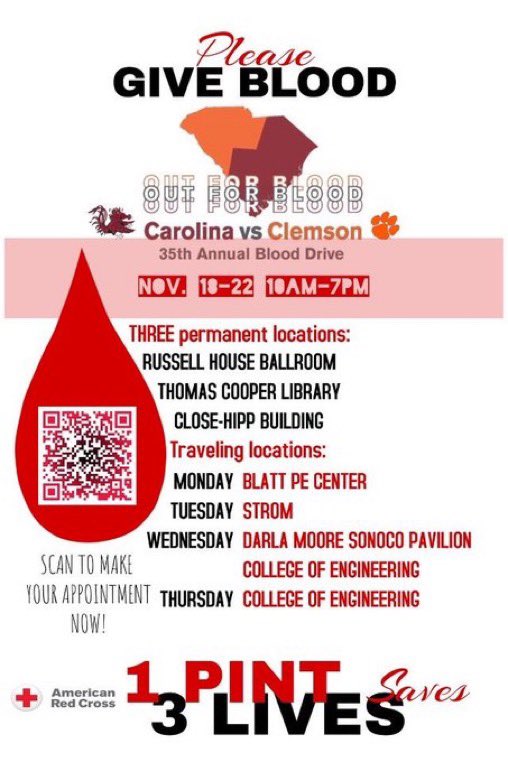 We may not beat those pesky Tigers next Saturday but we can definitely beat them in the blood drive. Stop by any of the locations on campus this week and do your part. #BeatClemson #OutForBlood