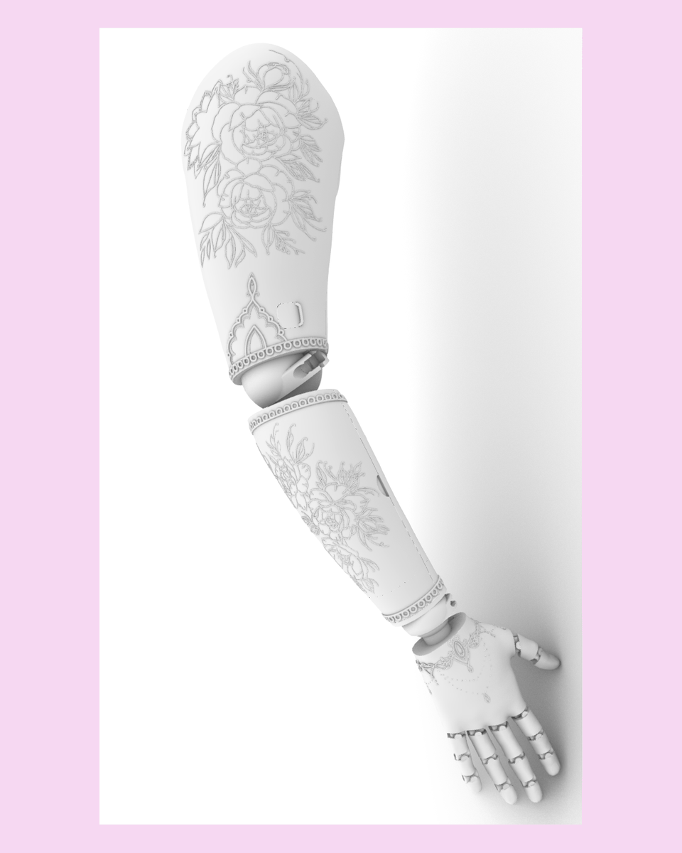 IzzyMcInnes's tweet photo. Here are some final designs of the shoulder disarticulation prosthesis- which I’m excited to say is nearly finished! 🎉 I've had lots of fun designing switchable tattoo covers for the forearm &amp; shoulder that can be mix and matched.🌺I can't wait to see it 3D printed! https://t.co/nMevR6rquD