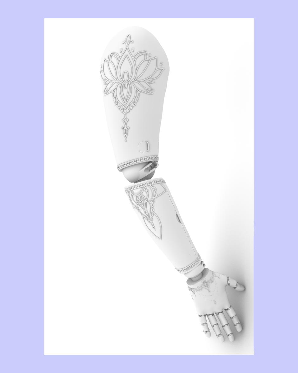 IzzyMcInnes's tweet photo. Here are some final designs of the shoulder disarticulation prosthesis- which I’m excited to say is nearly finished! 🎉 I've had lots of fun designing switchable tattoo covers for the forearm &amp; shoulder that can be mix and matched.🌺I can't wait to see it 3D printed! https://t.co/nMevR6rquD