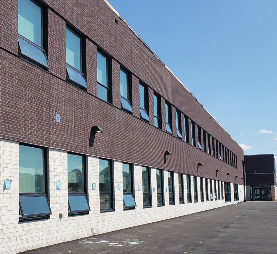 CSPArch's tweet photo. We love the contrasting brick colours on our in progress Shannen Koostachin Elementary School in Hamilton. Construction is nearing completion! @HWDSB #SchoolDesign #ConstructionPics https://t.co/kvc7CBE9Zh